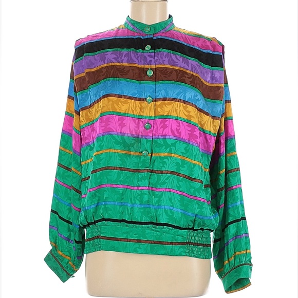 Anne Crimmins Tops - Anne Crimmins Vintage 100% Silk Striped Long Sleeve Top Blouse Jewel Tone sz 8